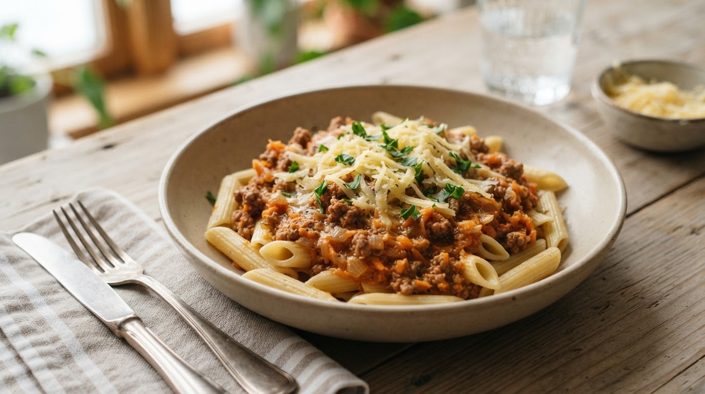 Rask Pasta Bolognese med reven gulrot og ost – slik ser retten ut