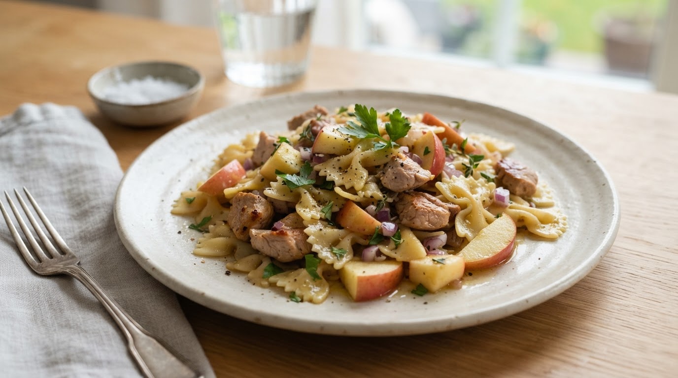 Rask restepanne med pasta, kalkun og norske epler – illustrasjonsbilde