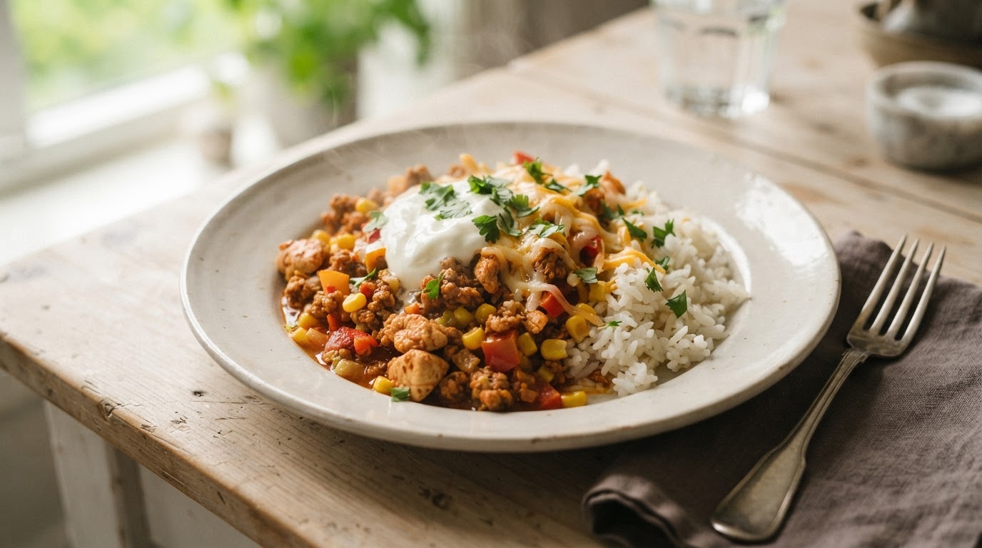 Rask Tex-Mex kyllinggryte med ris – slik ser retten ut