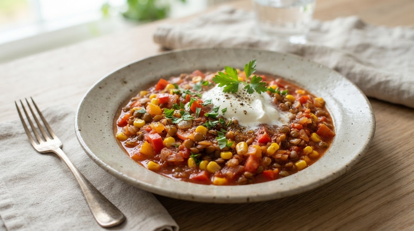 Rask vegetarisk linselykke i tomatsaus – illustrasjonsbilde