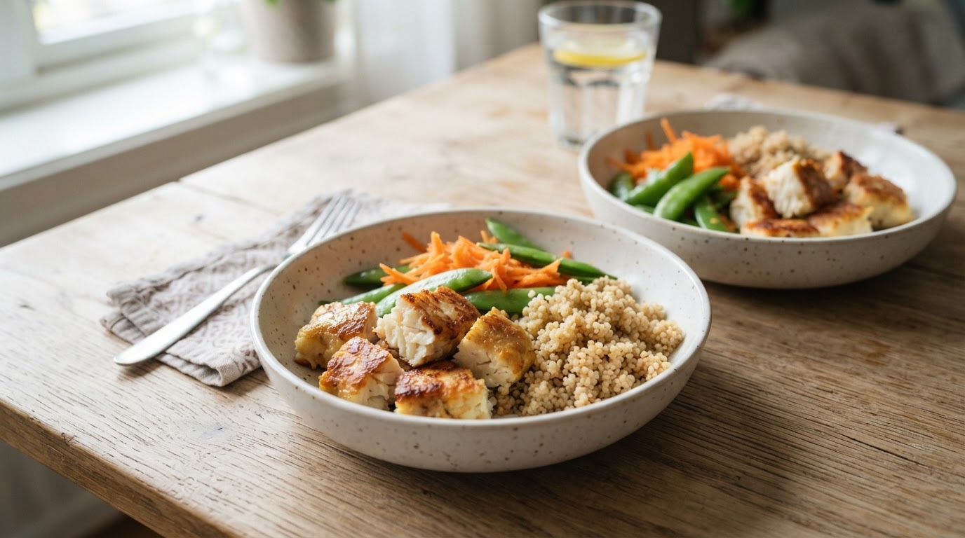 Raske Fiskekaker med Couscous, Sukkererter og Raspet Gulrot – slik ser retten ut