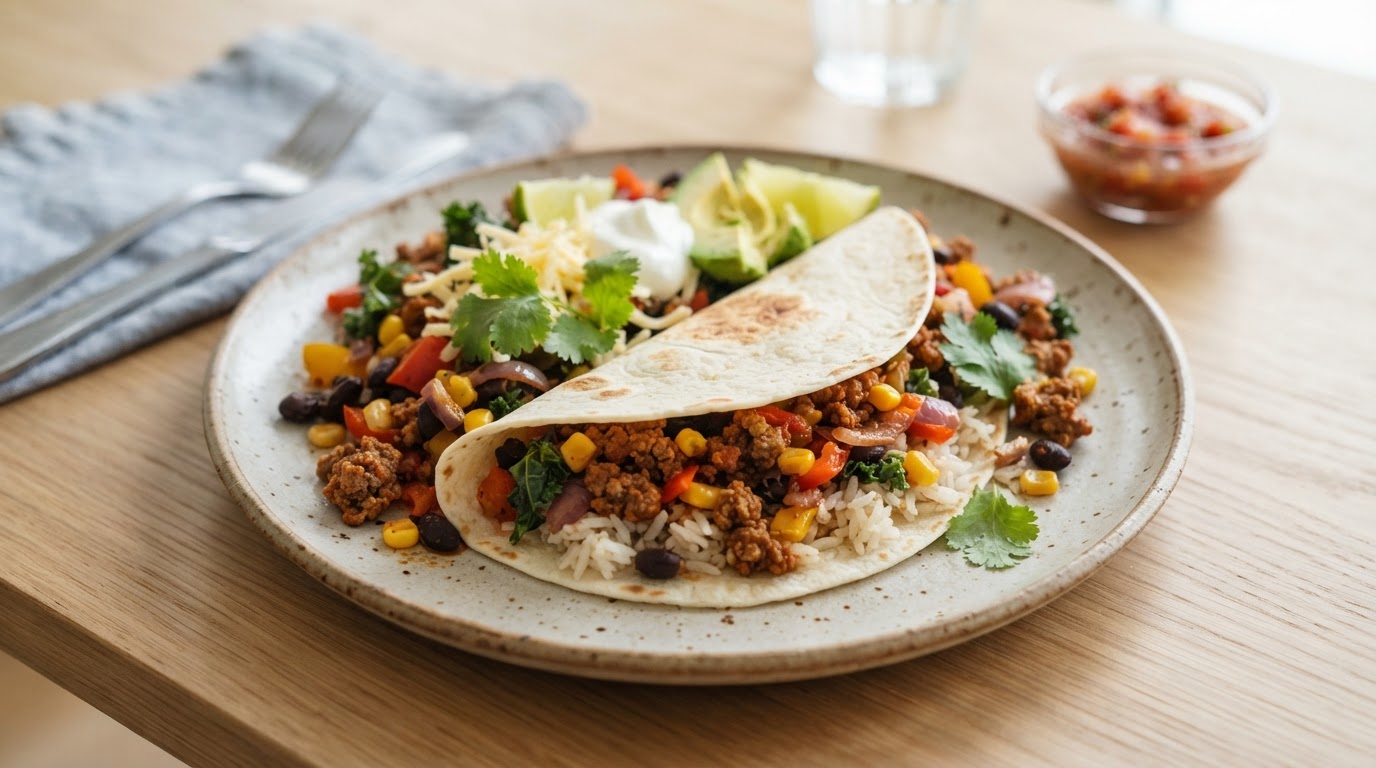 Restetaco i panne med ris og norske grønnsaker – slik ser retten ut