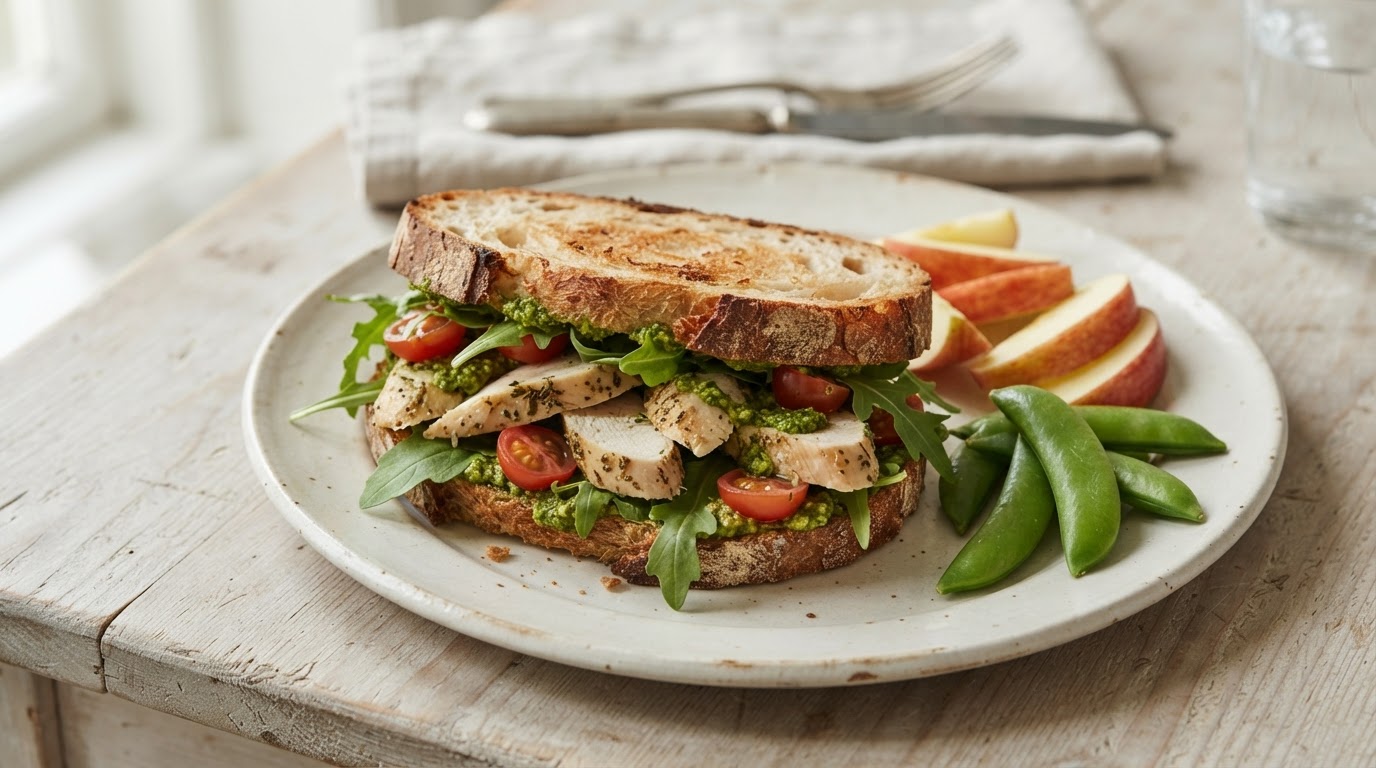 Rustikk kyllingsandwich med pesto – illustrasjonsbilde
