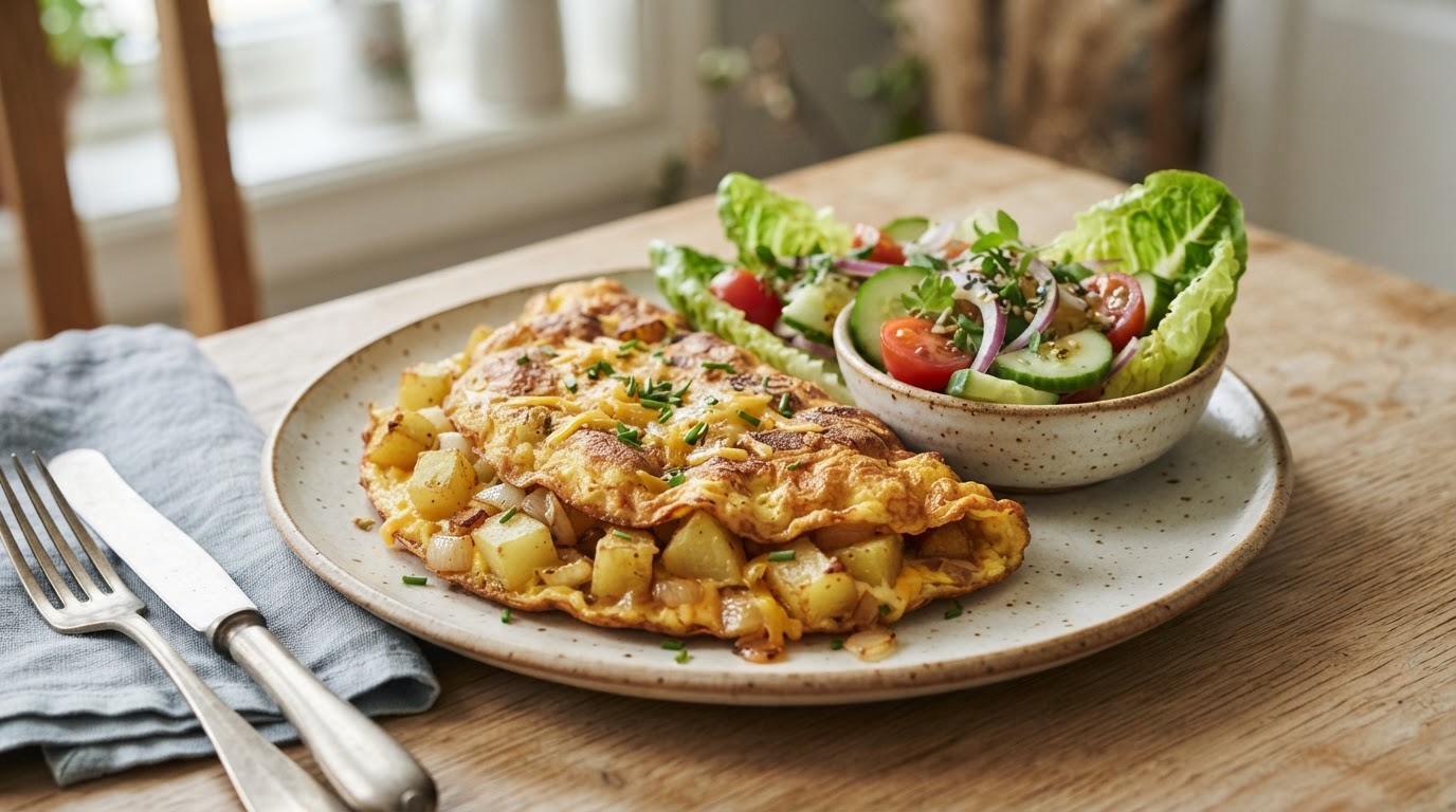 Rustikk potet- og cheddaromelett med frisk salat – illustrasjonsbilde