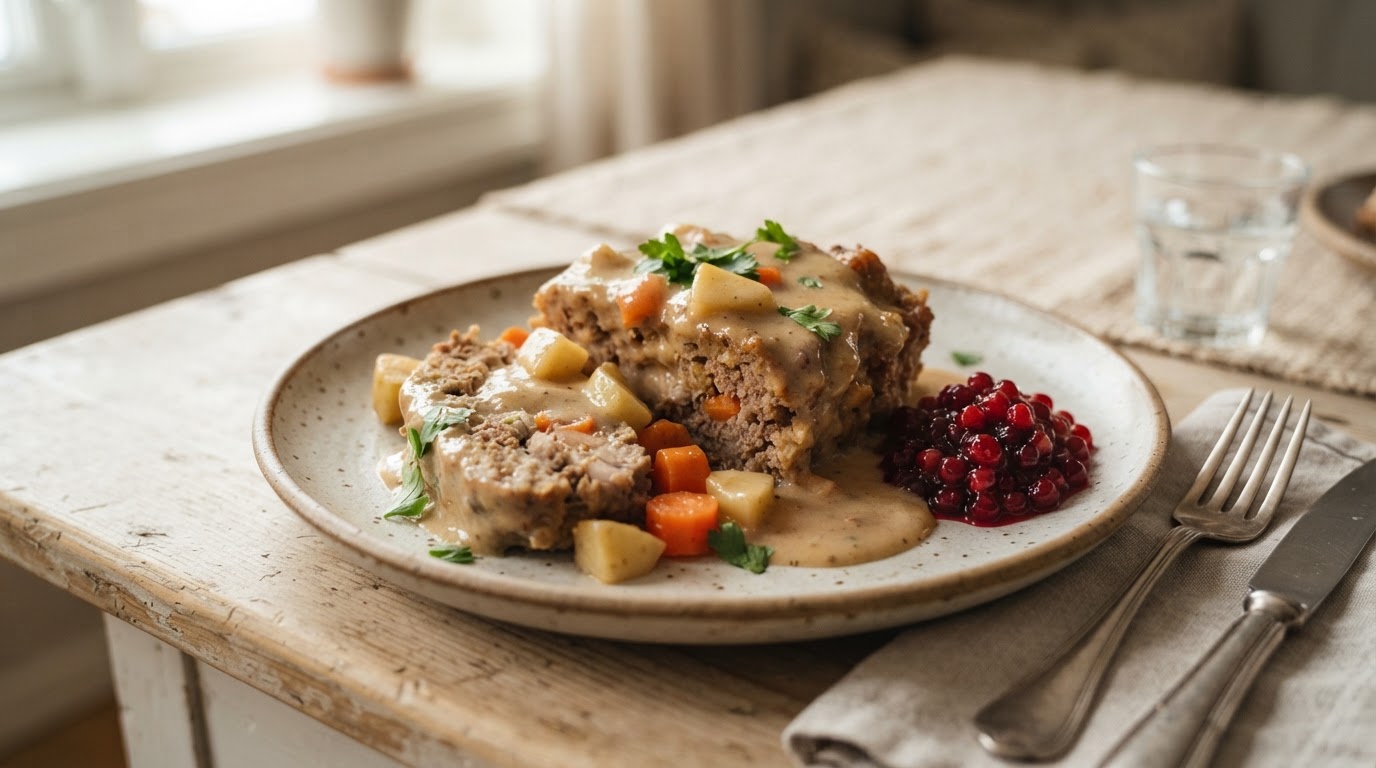 Saftig julepudding av medisterdeig med eple, tyttebær og kremet fløtesaus – illustrasjonsbilde