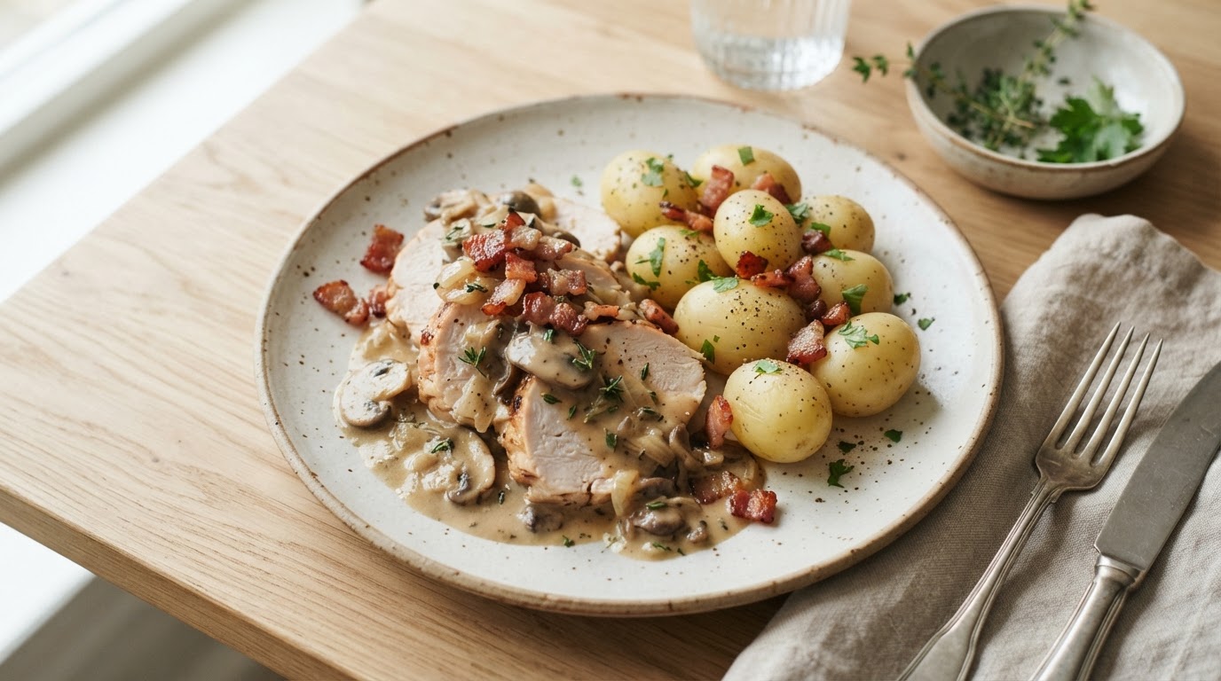 Saftig kalkunfilet i kremet soppsaus med ribbebacon og nypoteter – illustrasjonsbilde
