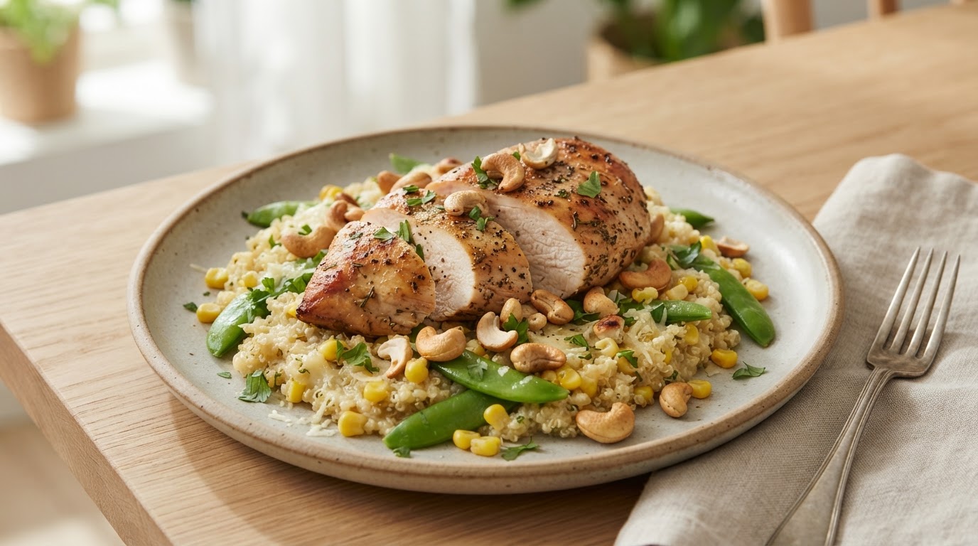 Saftig kalkunfilet med kremet parmesan-quinoa og ristede cashewnøtter – illustrasjonsbilde