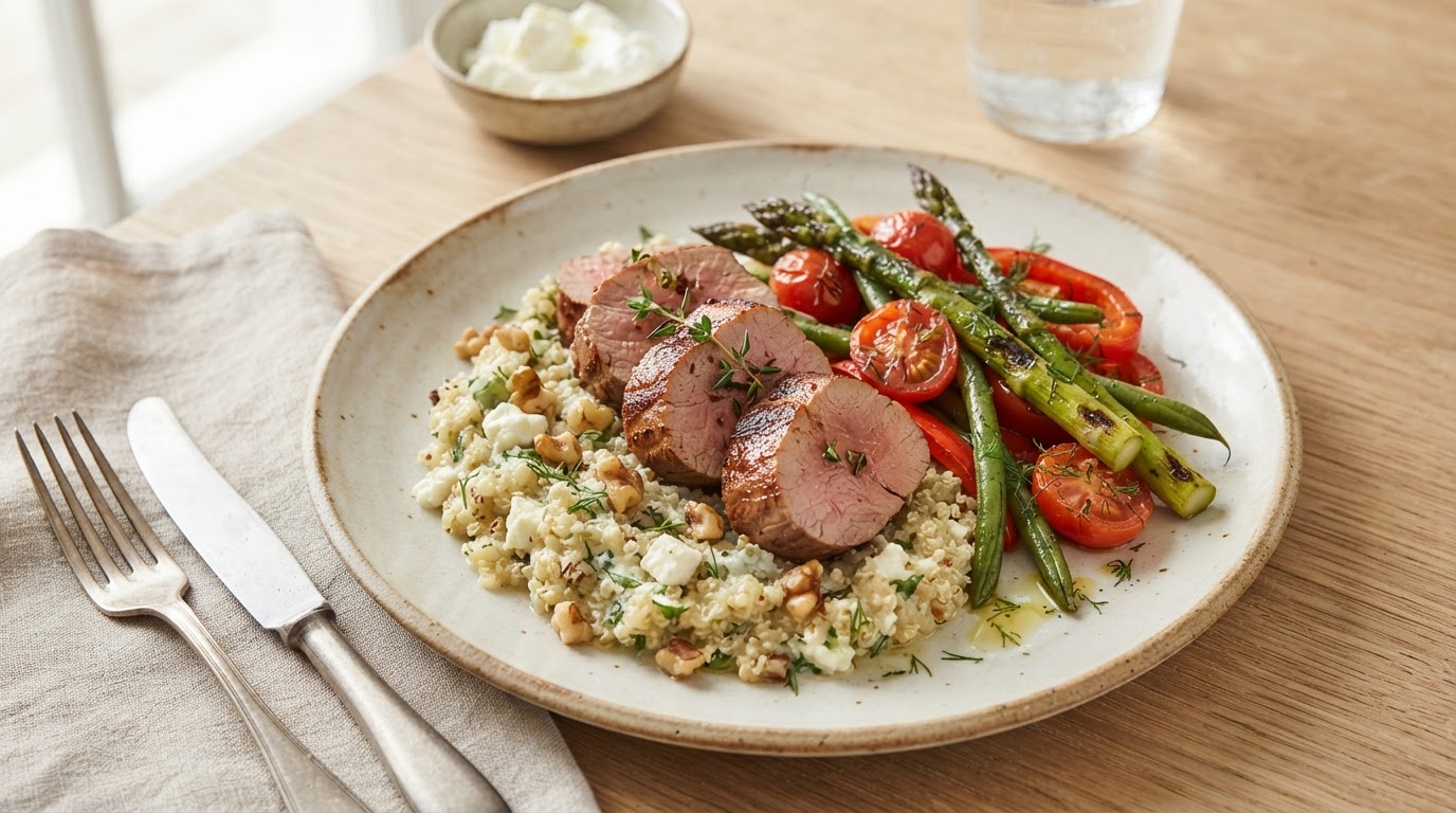 Saftig kalvefilet med kremet quinoa, fetakrem og ristede valnøtter – illustrasjonsbilde
