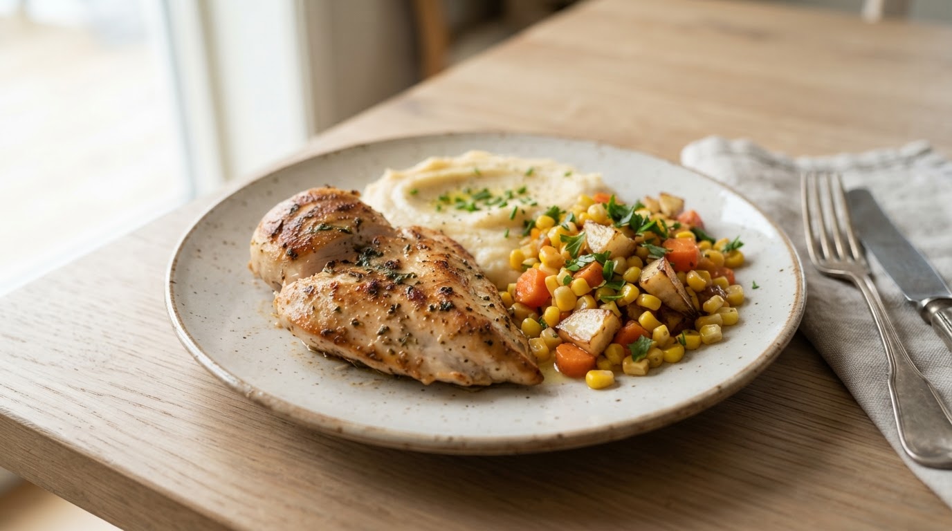 Saftig kyllingfilet med fersk norsk mais og rotmos