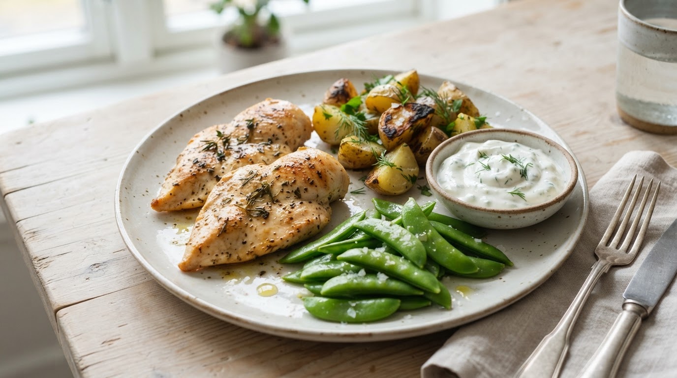 Saftig kyllingfilet med ovnsbakte nypoteter, sukkererter og melkefri eplerømme – slik ser retten ut