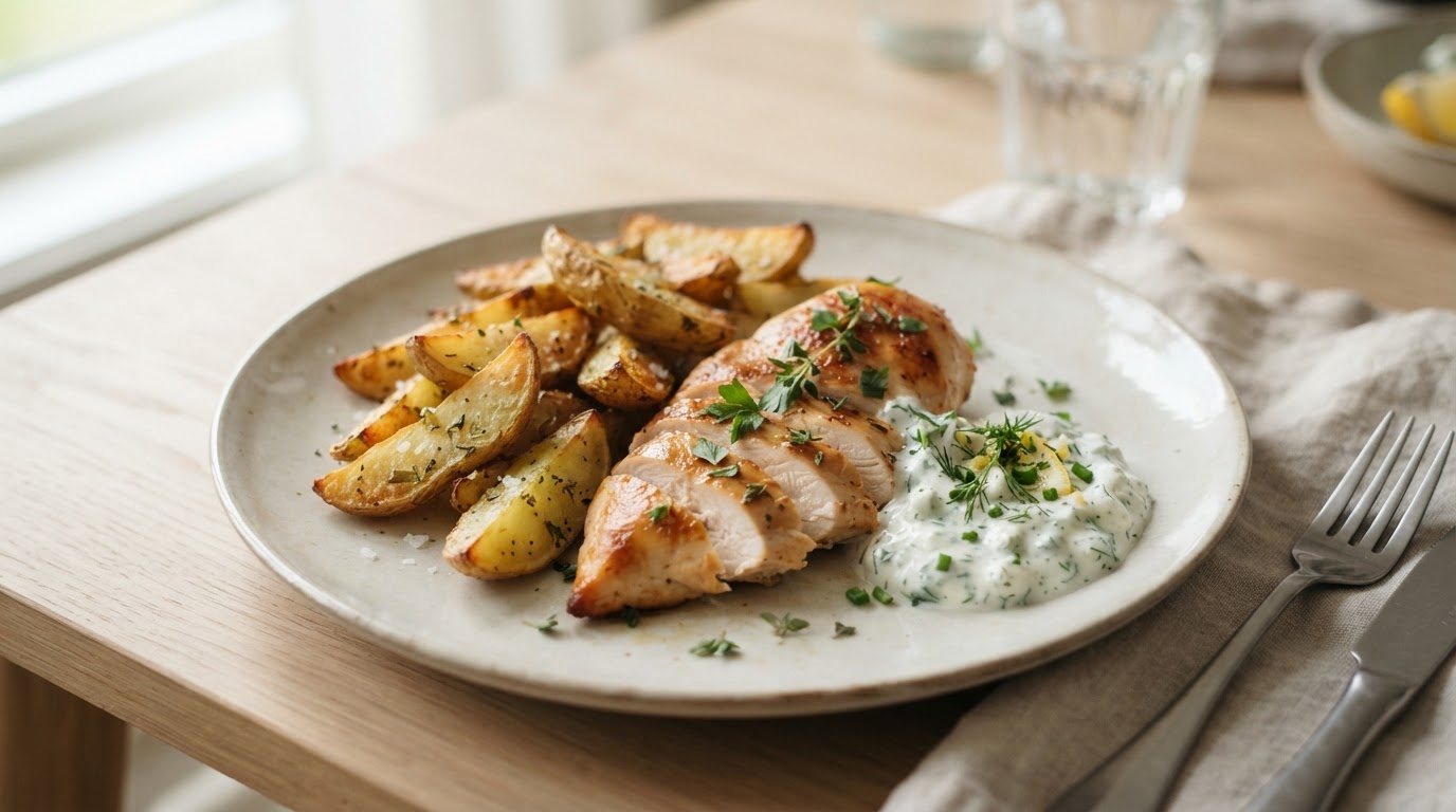 Saftig kyllingfilet med ovnsbakte poteter og urtedressing – illustrasjonsbilde