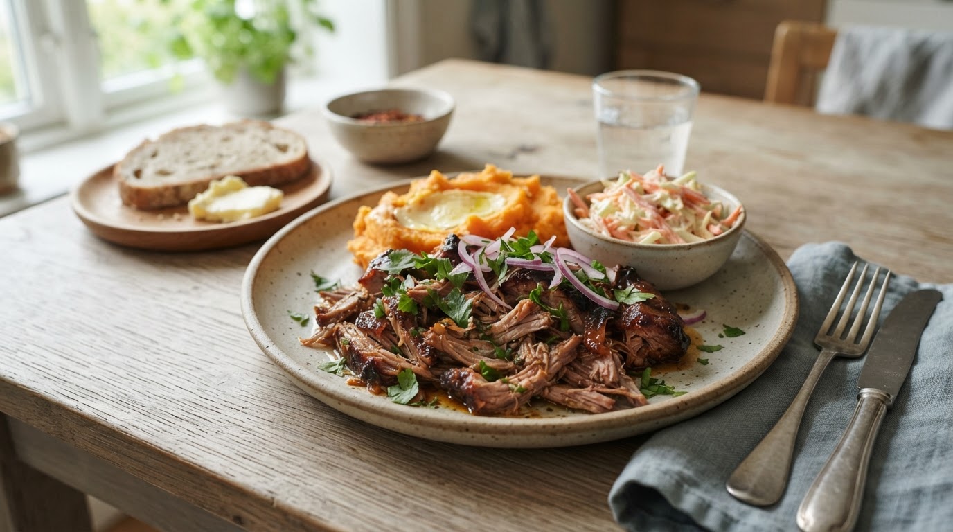 Saftig pulled pork i slow cooker for hele familien – illustrasjonsbilde