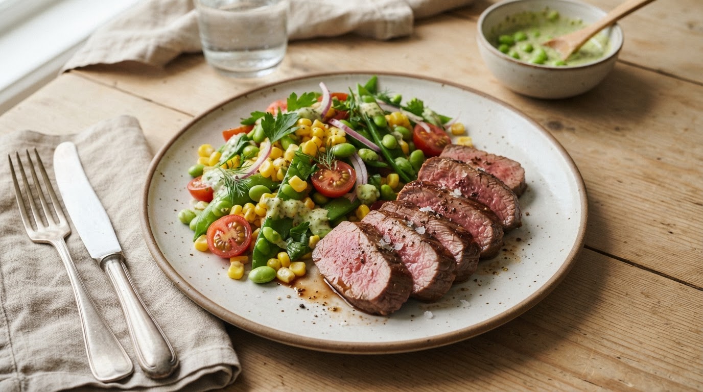 Saftig storfefilet med sprø augustsalat og edamamedressing – illustrasjonsbilde