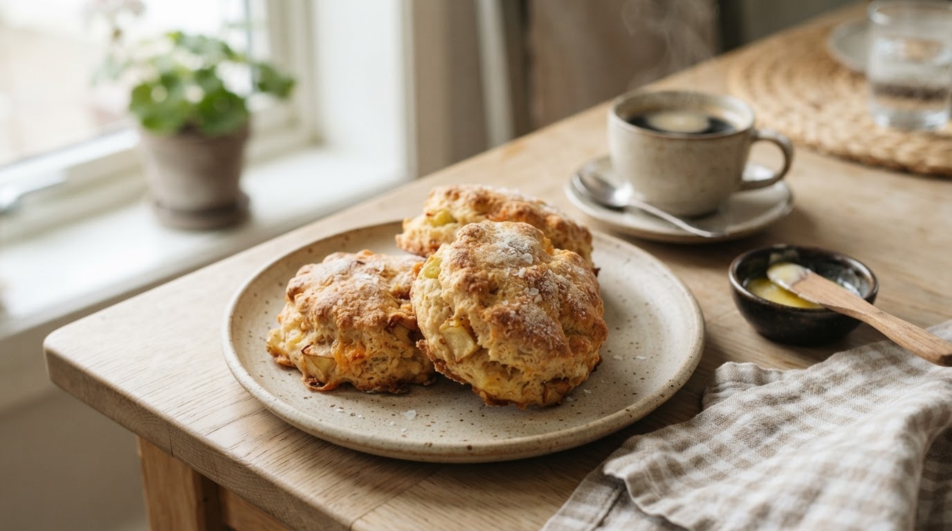 Saftige frokostscones med eple og ost – illustrasjonsbilde