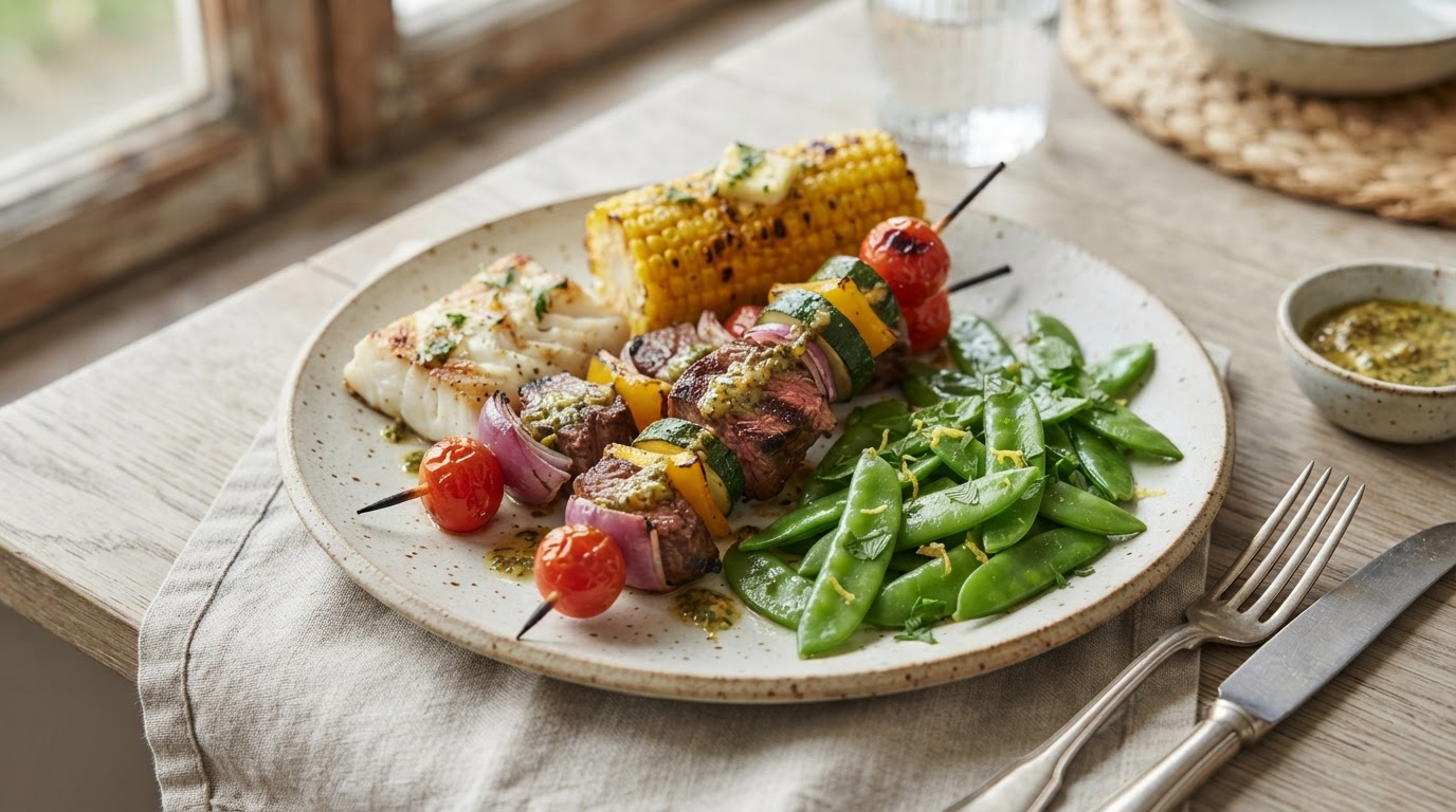 Saftige grillspyd med oksefilet, kveite og augustgrønnsaker – slik ser retten ut
