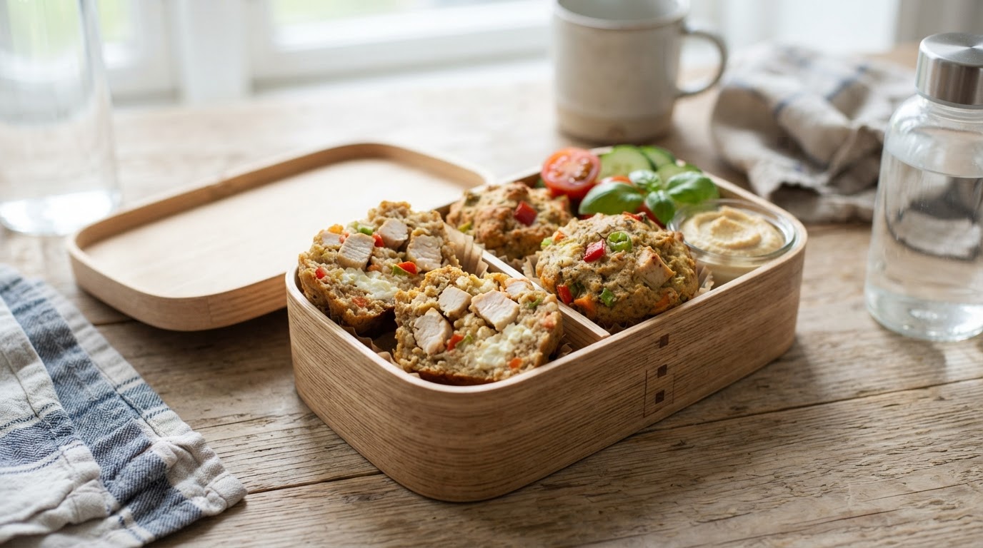 Saftige grove matpakkemuffins med stekt kylling og cottage cheese – illustrasjonsbilde