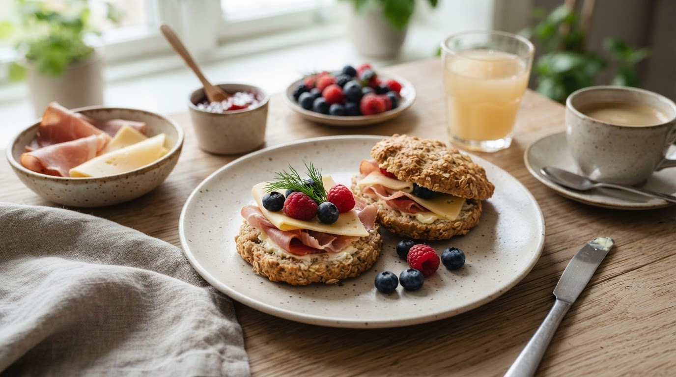 Saftige havrescones med variert frokostbord – illustrasjonsbilde