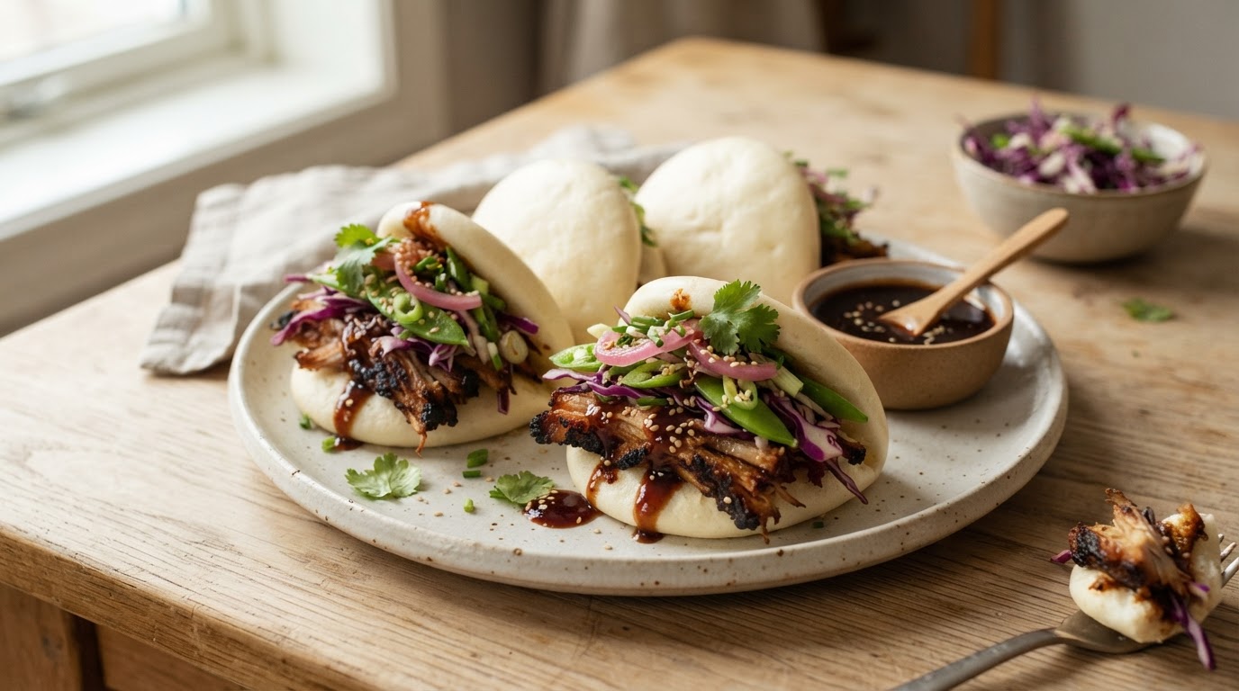 Saftige jule-bao med julerester, sprø råkost og tyttebærhoisin – illustrasjonsbilde
