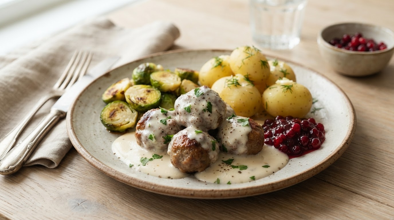 Saftige julekjøttboller i kremet saus med nypoteter – illustrasjonsbilde