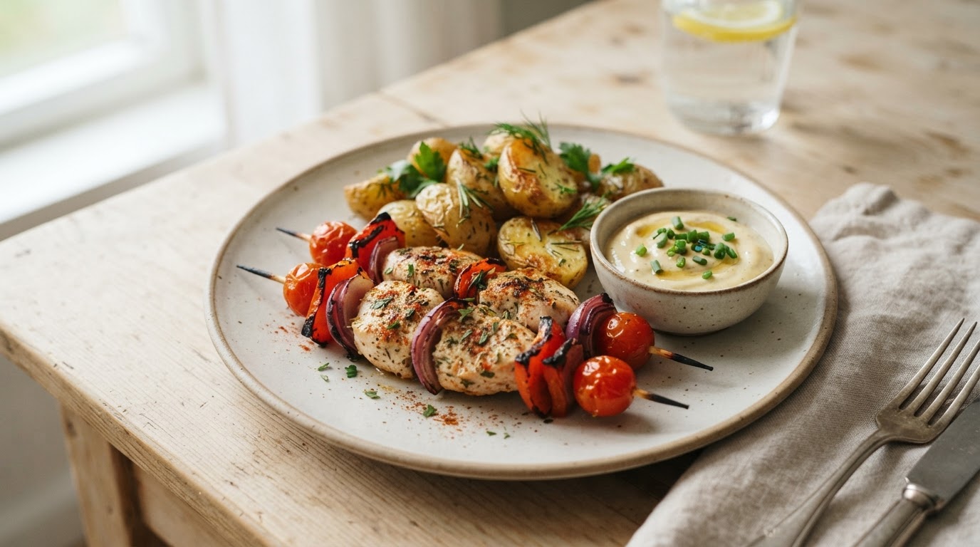 Saftige kalkunspyd i airfryer med nypoteter og honningsennepsdipp – illustrasjonsbilde