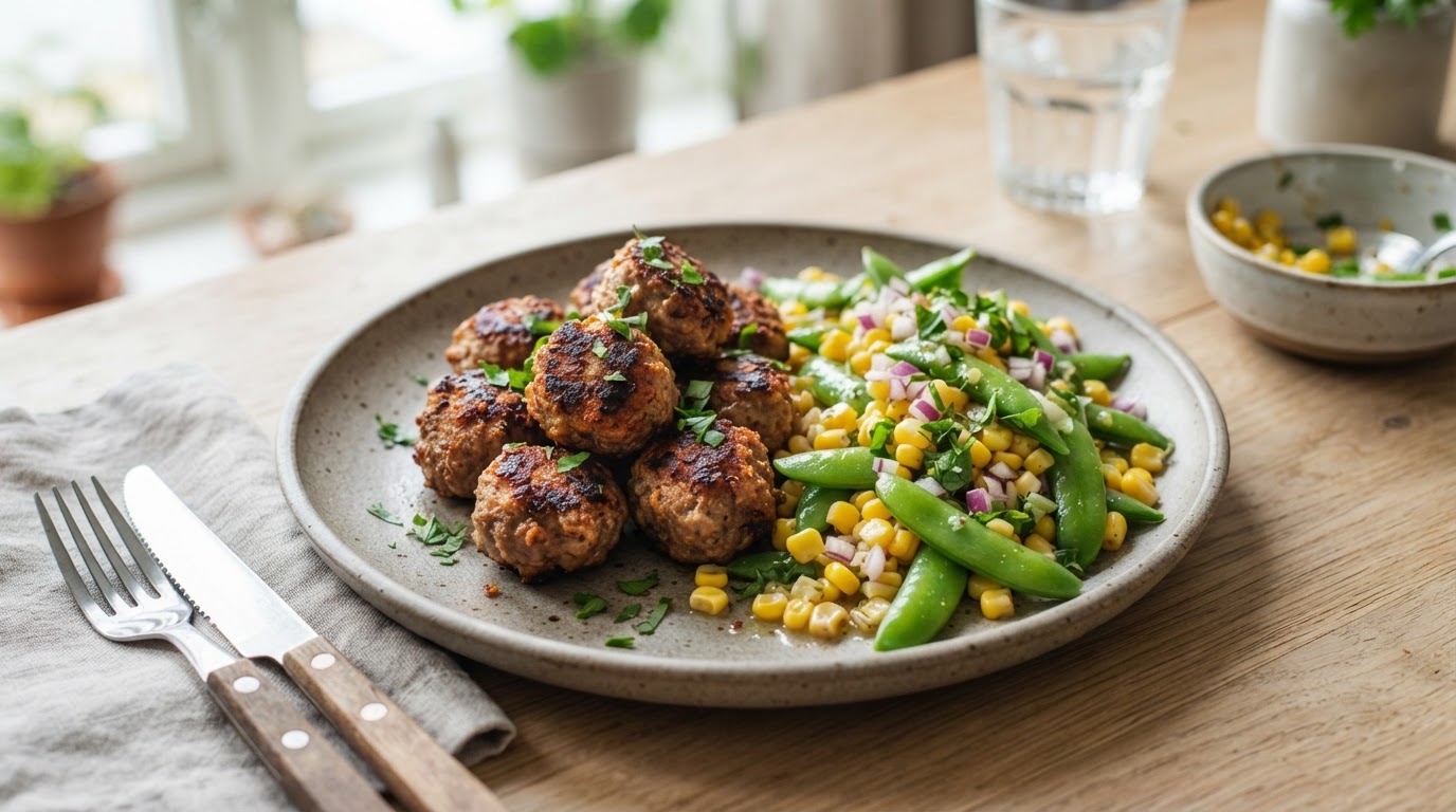 Saftige kjøttboller i airfryer med fersk maissalat og sukkererter – illustrasjonsbilde
