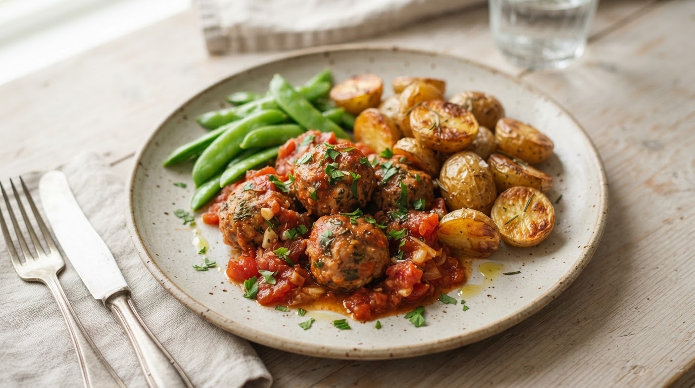 Saftige kjøttkaker av storfe i tomatsaus med sprøstekte nypoteter og sukkererter – illustrasjonsbilde