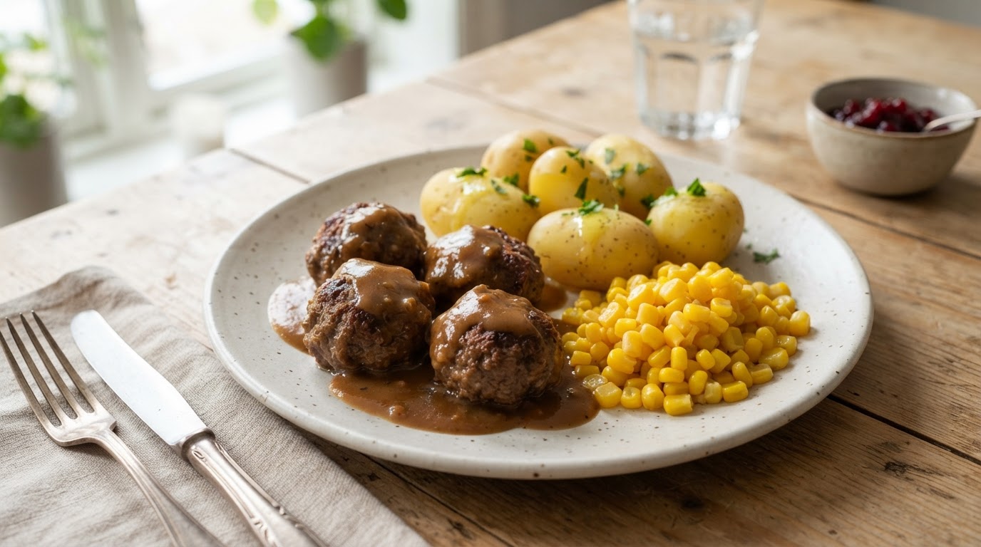 Saftige kjøttkaker i brun saus med nypoteter og fersk mais – slik ser retten ut