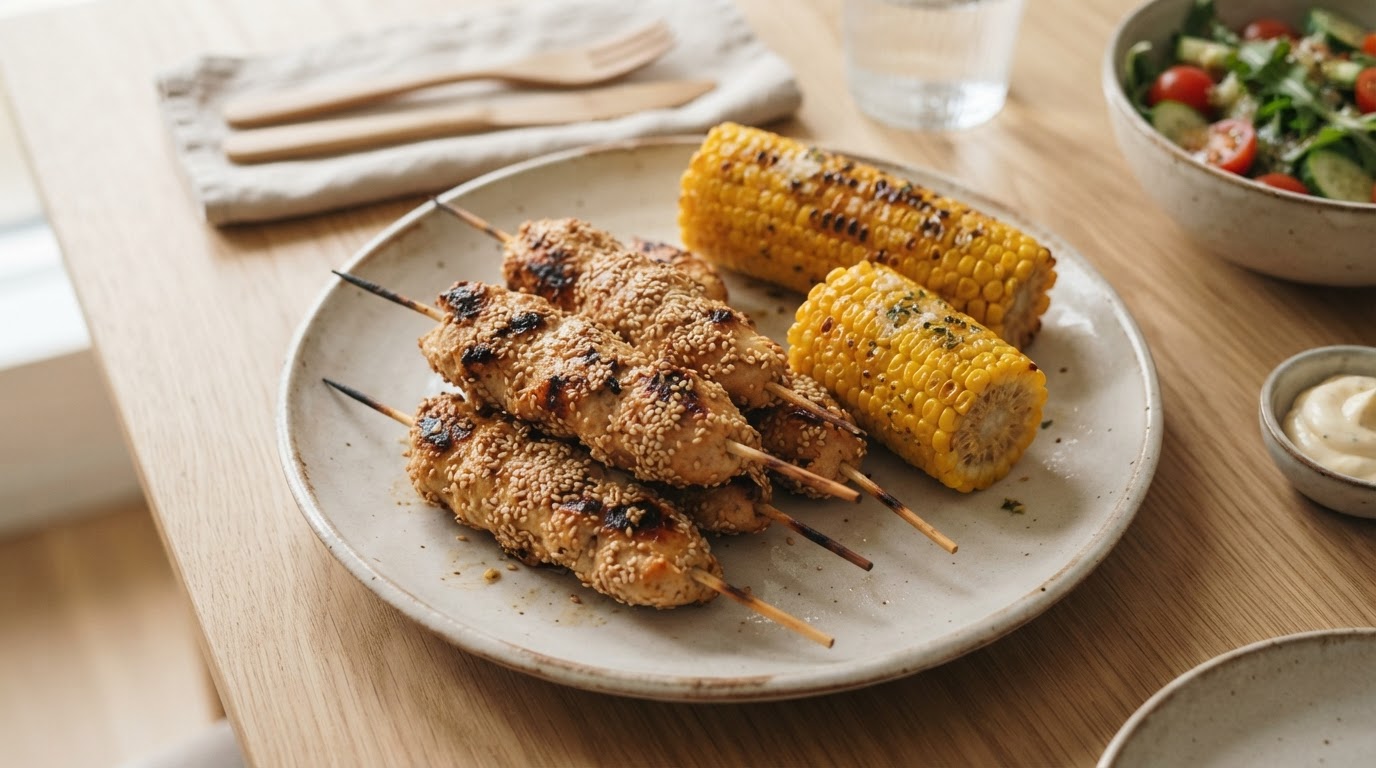Saftige kyllingspyd i airfryer med sprø maiskolber – slik ser retten ut