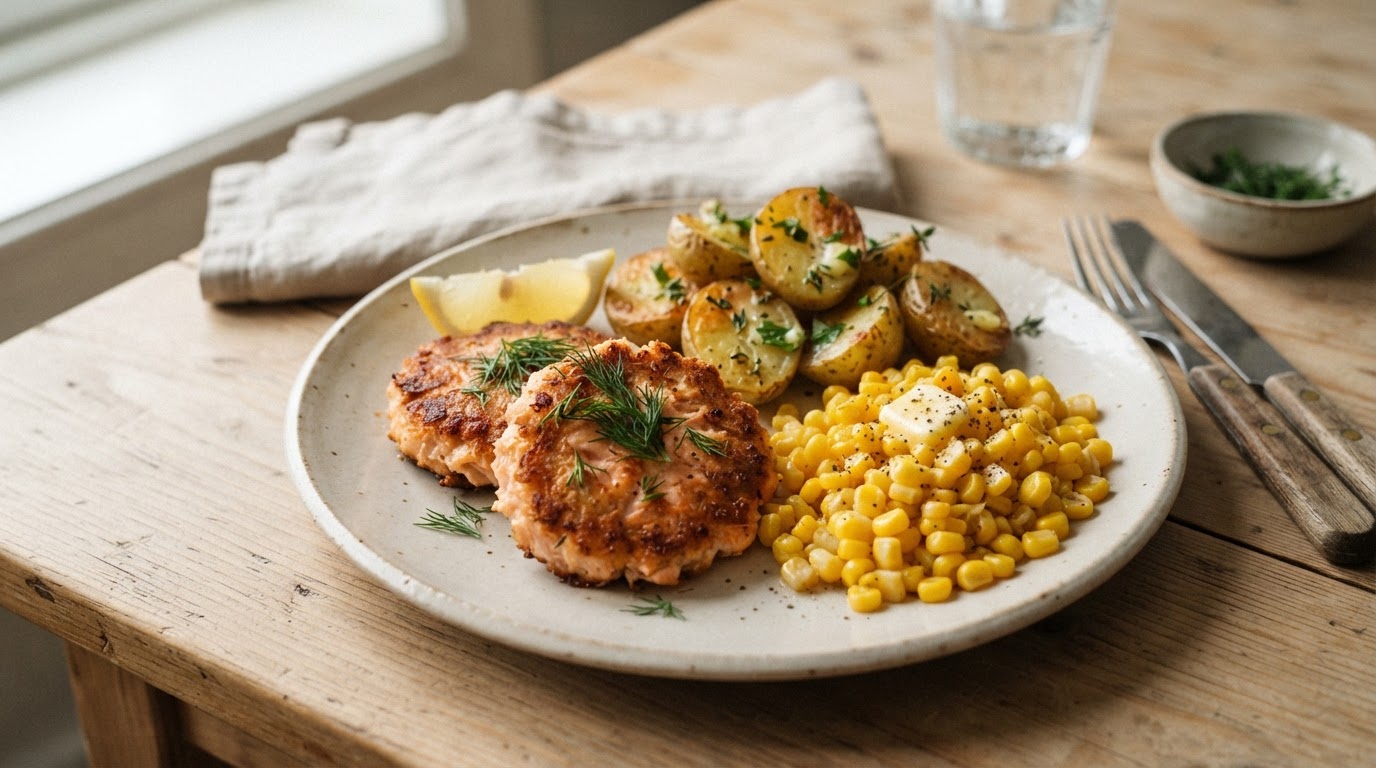 Saftige laksekaker i airfryer med nypoteter og fersk mais – illustrasjonsbilde