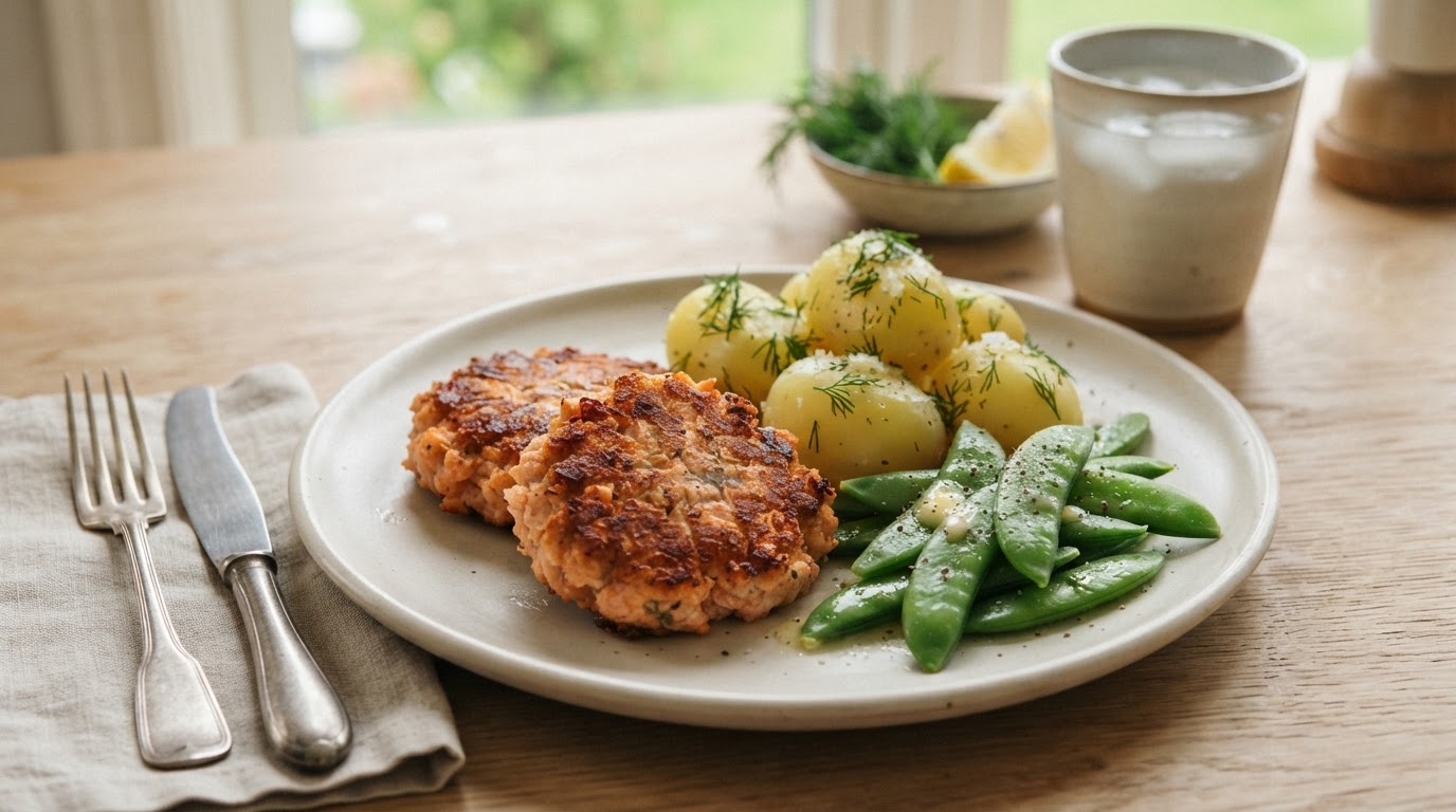 Saftige laksekarbonader i airfryer med nypoteter og sukkererter – illustrasjonsbilde