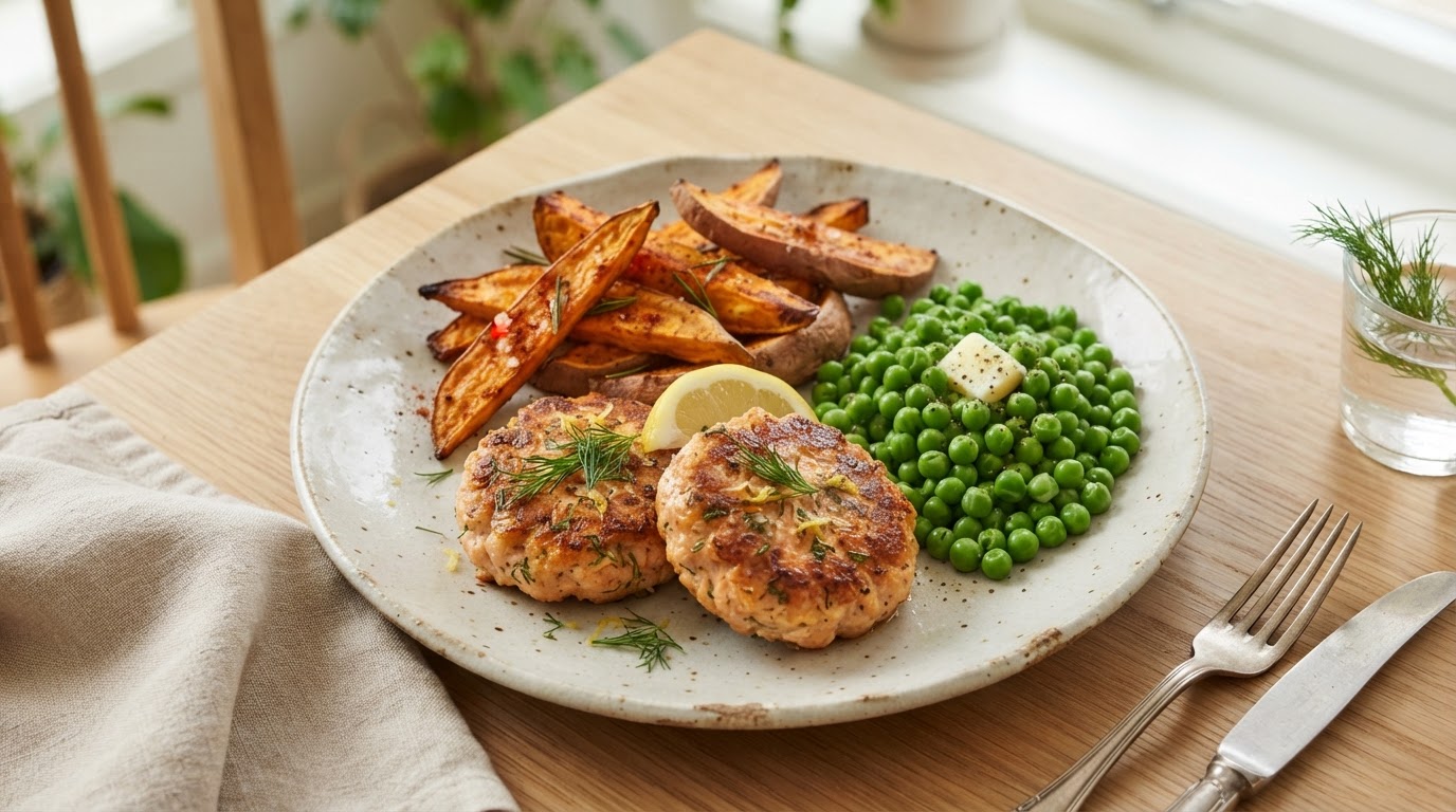 Saftige laksekarbonader med sprø søtpotetbåter i airfryer – illustrasjonsbilde