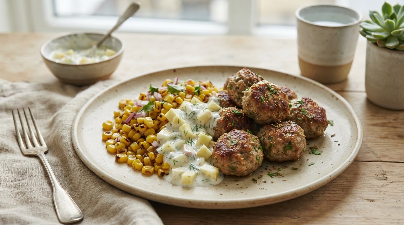 Saftige lammekjøttboller i airfryer med fersk mais og epledressing – illustrasjonsbilde