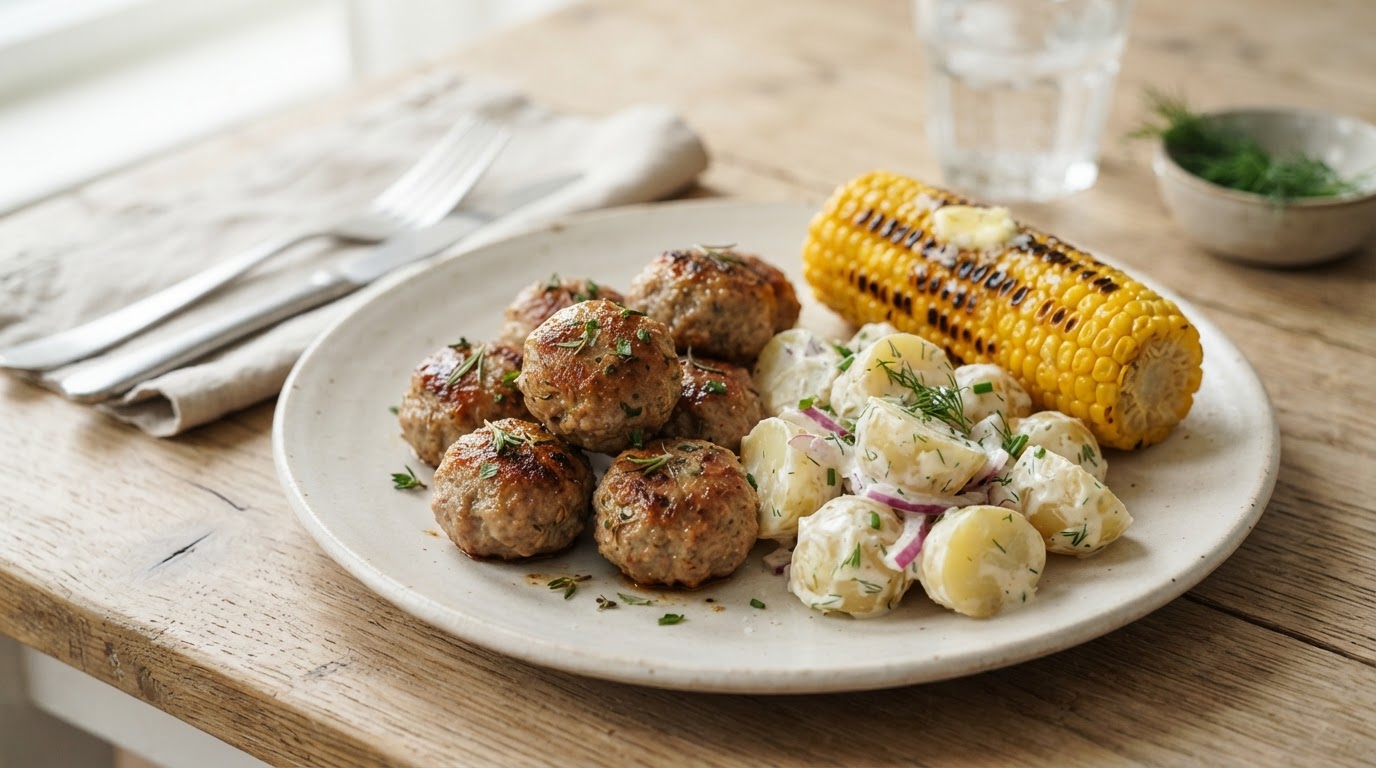 Saftige lammekjøttboller i airfryer med nypotetsalat og fersk mais – illustrasjonsbilde