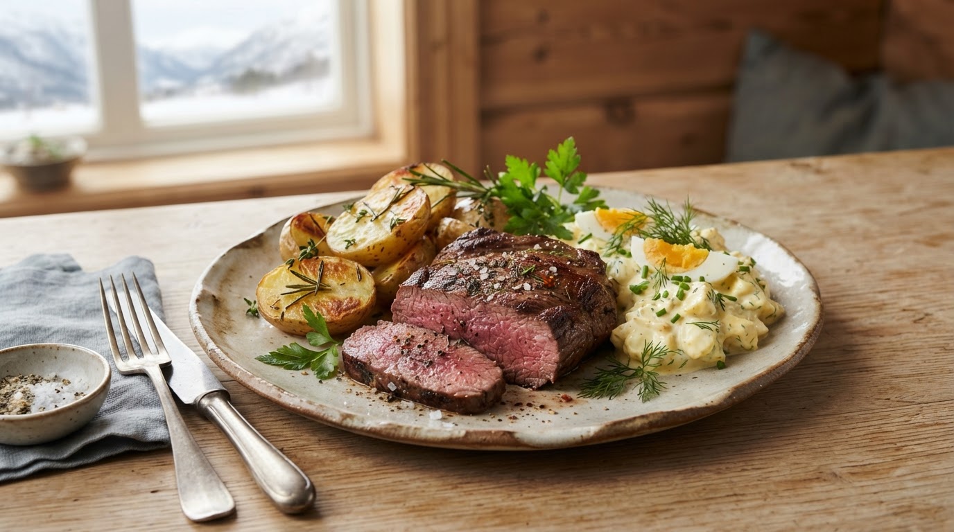 Saftige lammekoteletter med kremet eggesalat og bakte nypoteter – slik ser retten ut