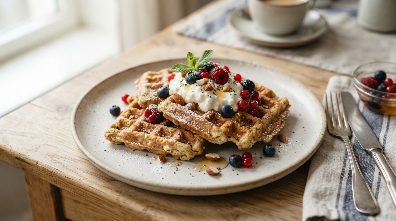Saftige proteinvafler med cottage cheese og havregryn – illustrasjonsbilde