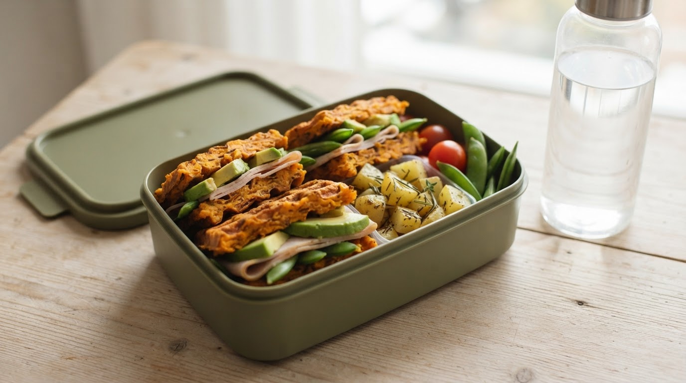 Saftige søtpotetvaffel-sandwicher med avokado og kalkunskinke – illustrasjonsbilde