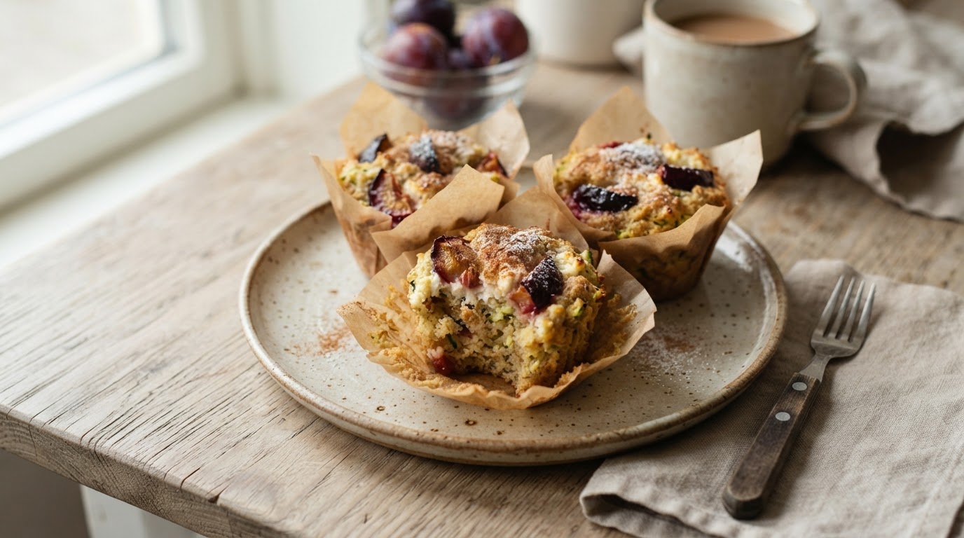 Saftige squashmuffins med augustplommer og cottage cheese – illustrasjonsbilde