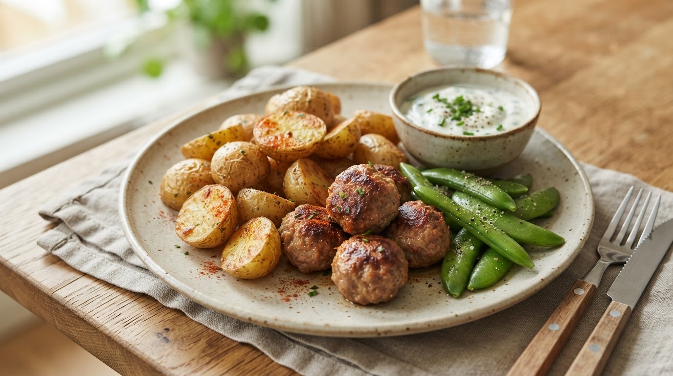 Saftige svinekjøttboller og nypoteter i airfryer med gressløkdipp – illustrasjonsbilde