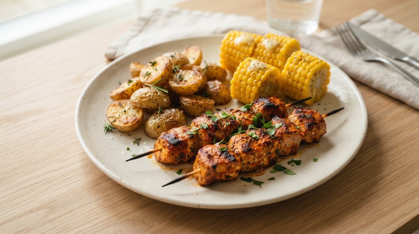 Saftige svinespyd i airfryer med nypoteter og fersk mais – illustrasjonsbilde