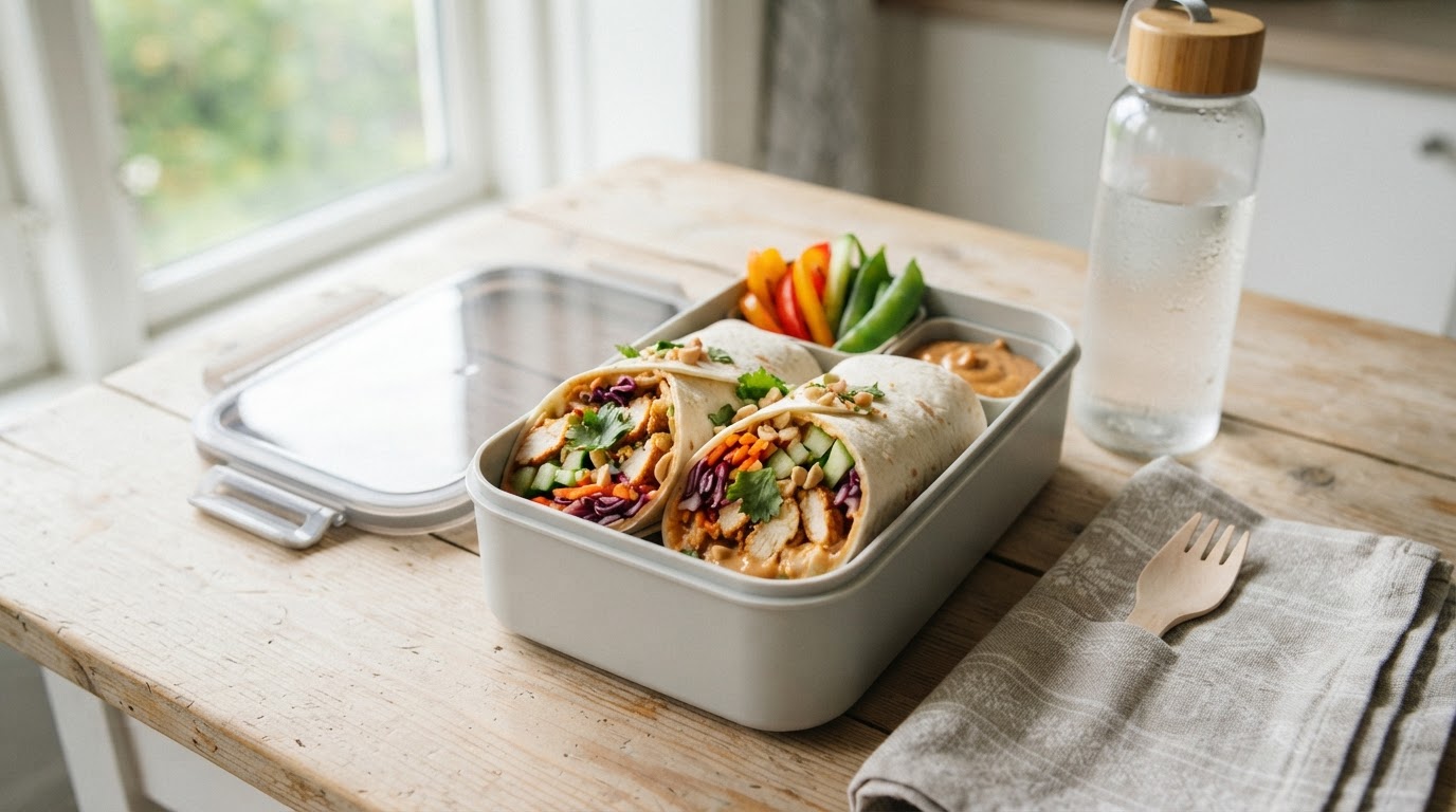 Saftige thai-kyllingwraps med sprø grønnsaker – illustrasjonsbilde