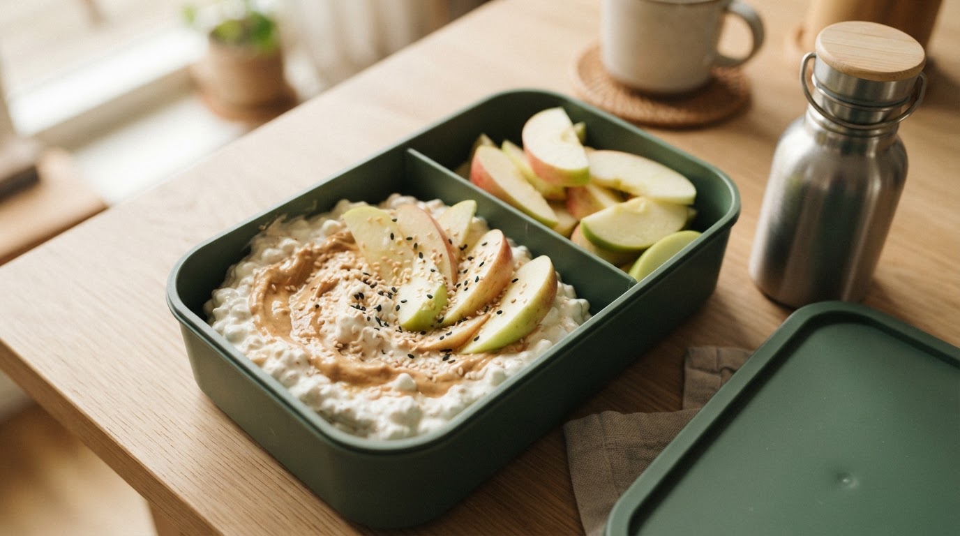 Salt og proteinrik peanøtt- og cottage cheese-dip med sprø eplebåter – illustrasjonsbilde