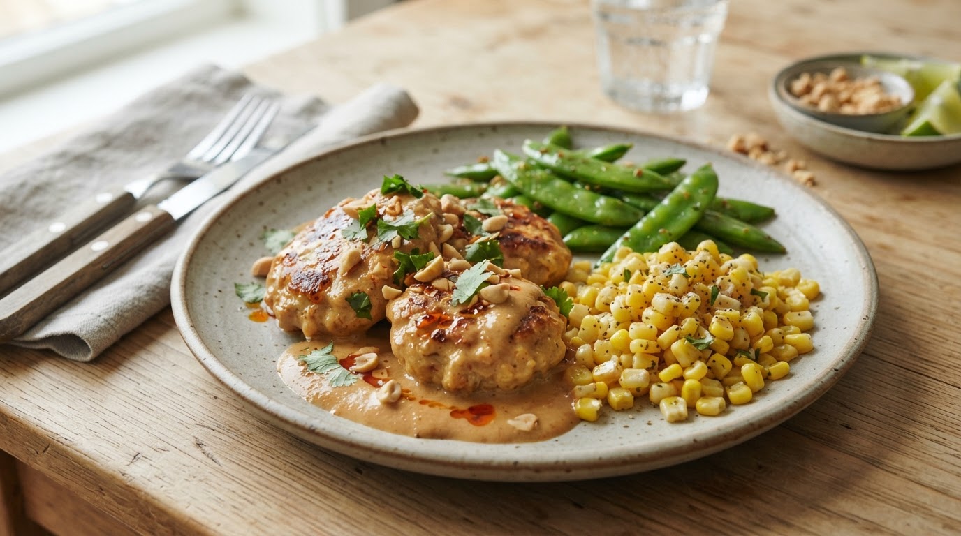 Satay-kyllingkaker i kremet peanøttsaus med fersk mais og sukkererter – illustrasjonsbilde