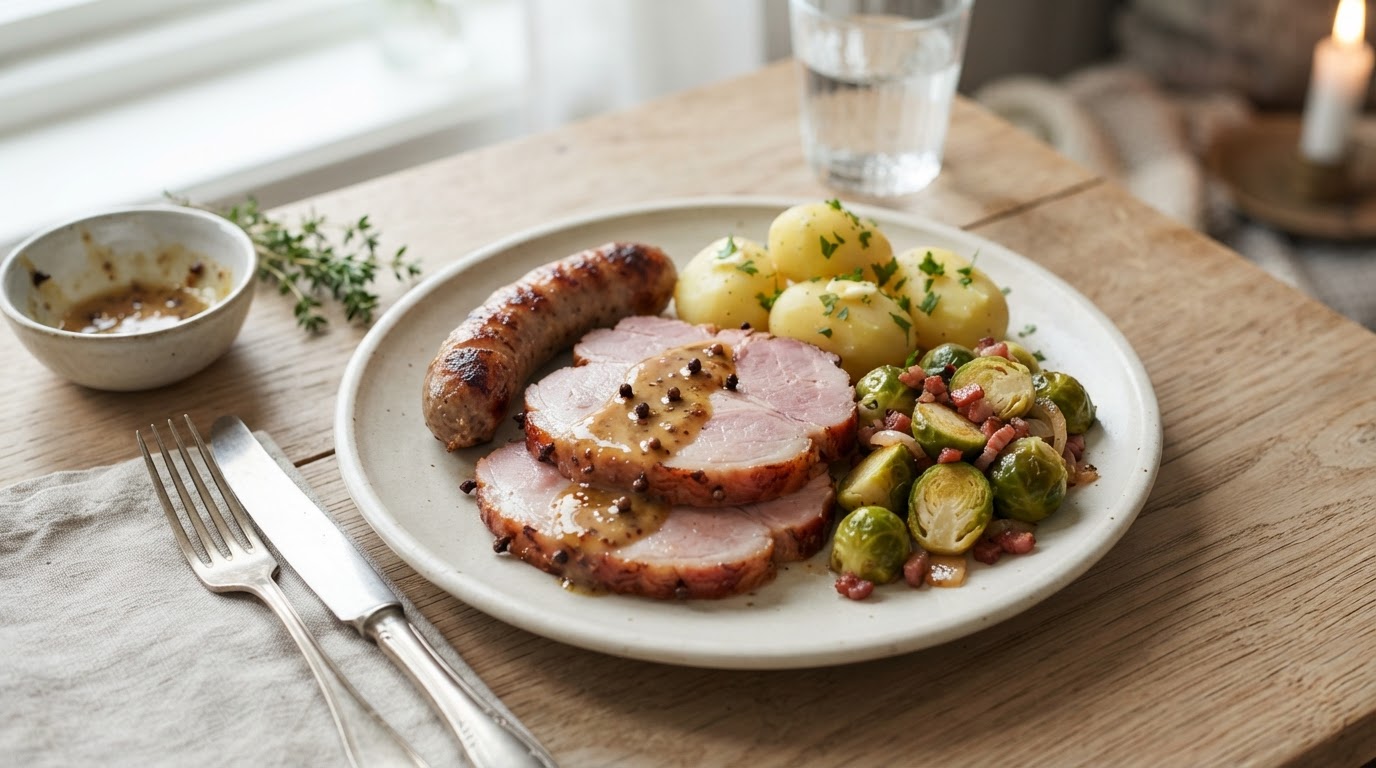Sennepsglasert juleskinke med smørstekt rosenkål og poteter – slik ser retten ut