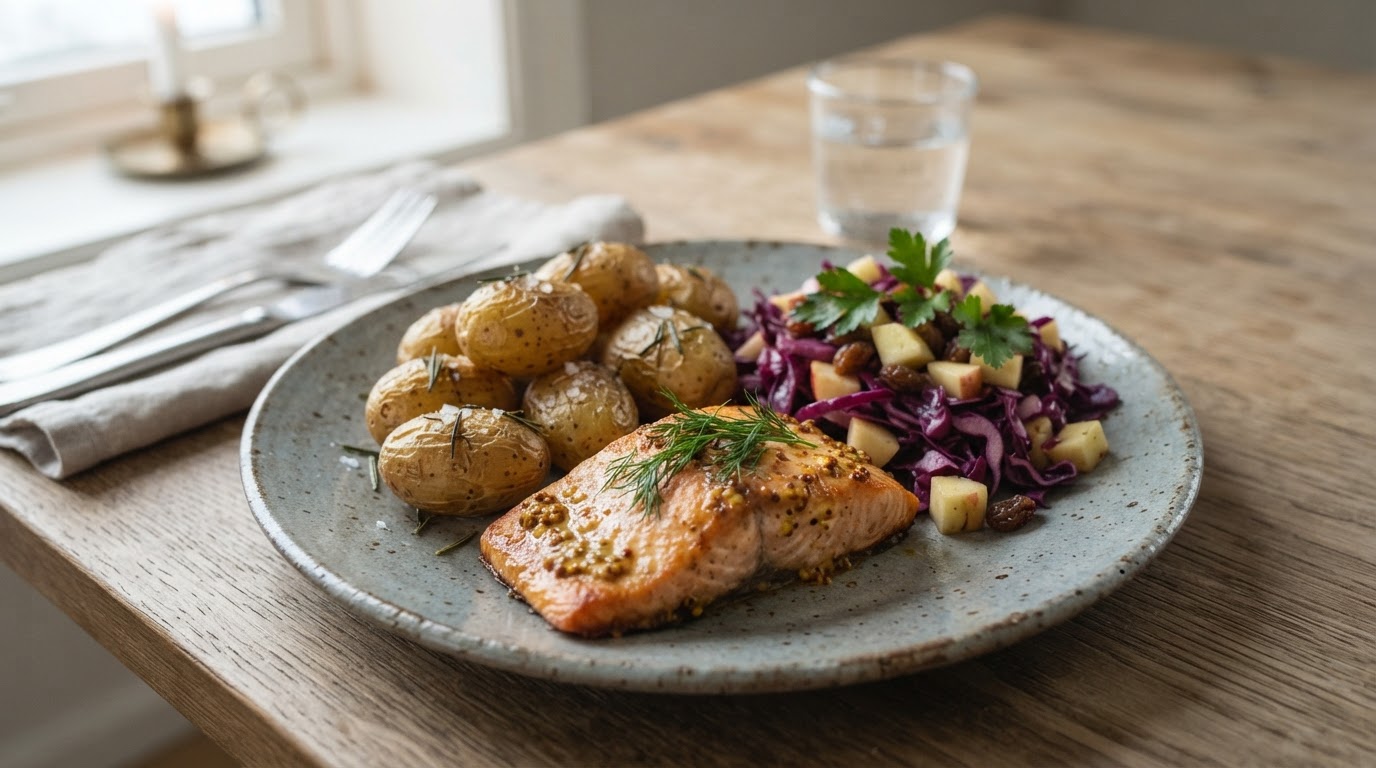 Sennepsglasert laks med lun rødkålsalat og bakte mandelpoteter – illustrasjonsbilde