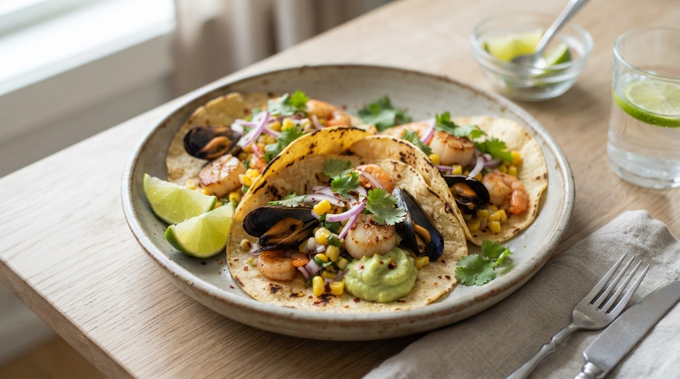 Sjømat-taco med reker, blåskjell, kamskjell og fersk mais – slik ser retten ut