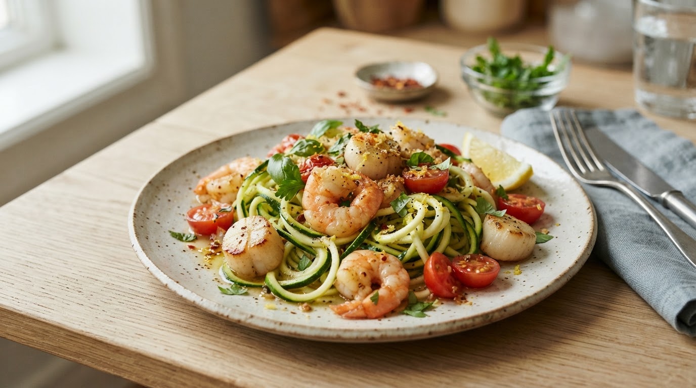 Sjømatscampi med hvitløk, sitron og squashnudler – illustrasjonsbilde