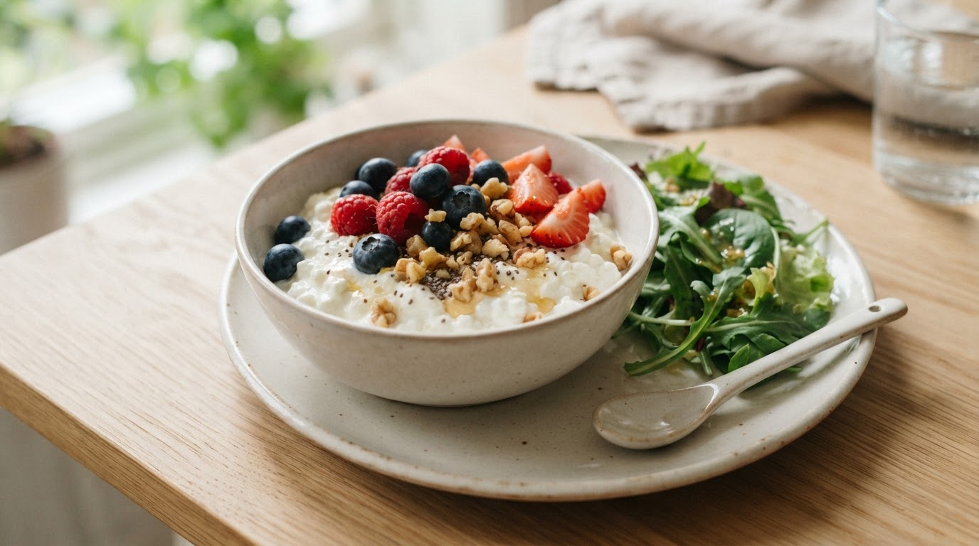 Skyr- og cottage cheese-bowl med bær og nøtter – illustrasjonsbilde