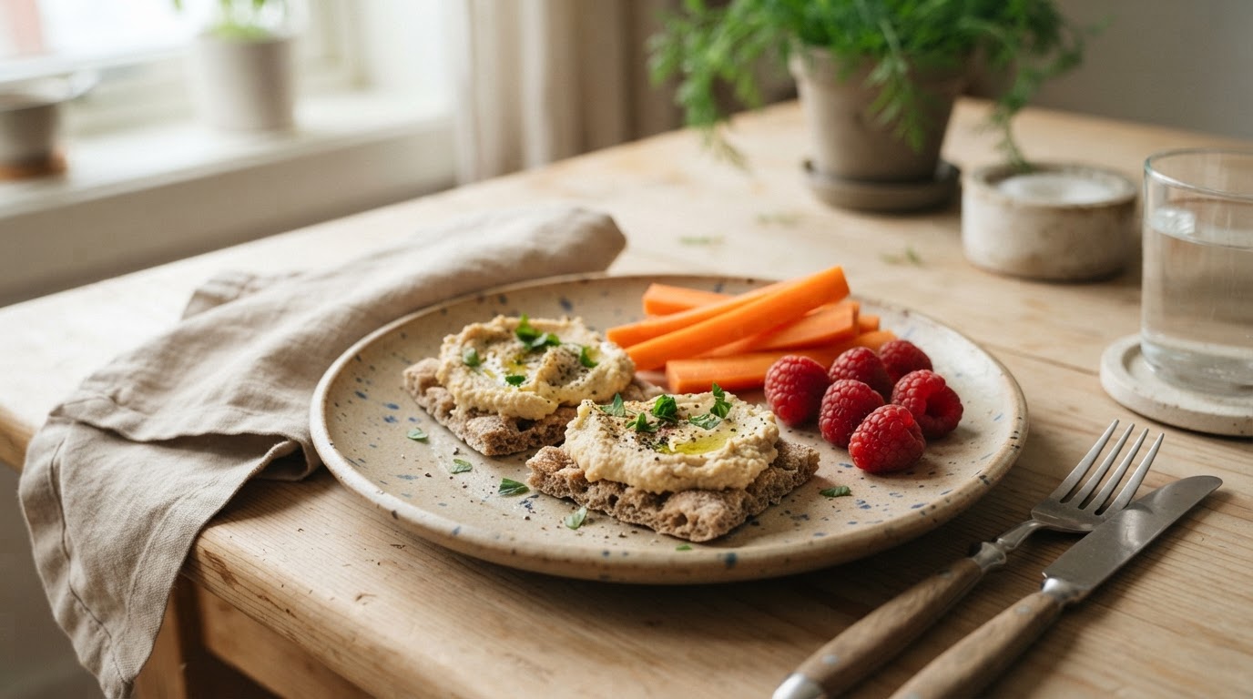Små munnfuller med hummus og gulrotstav – illustrasjonsbilde