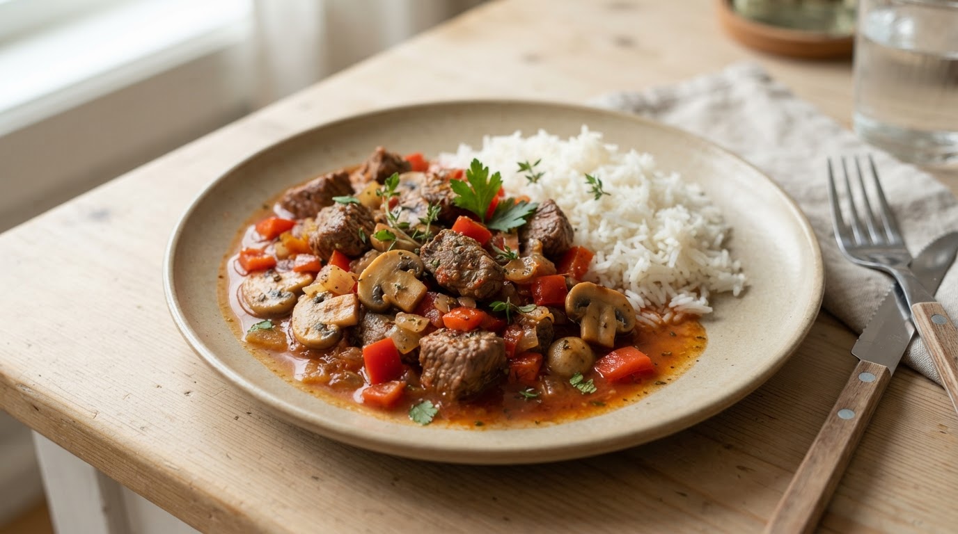 Smaksrik biffgryte med fersk sopp, paprika og ris – illustrasjonsbilde