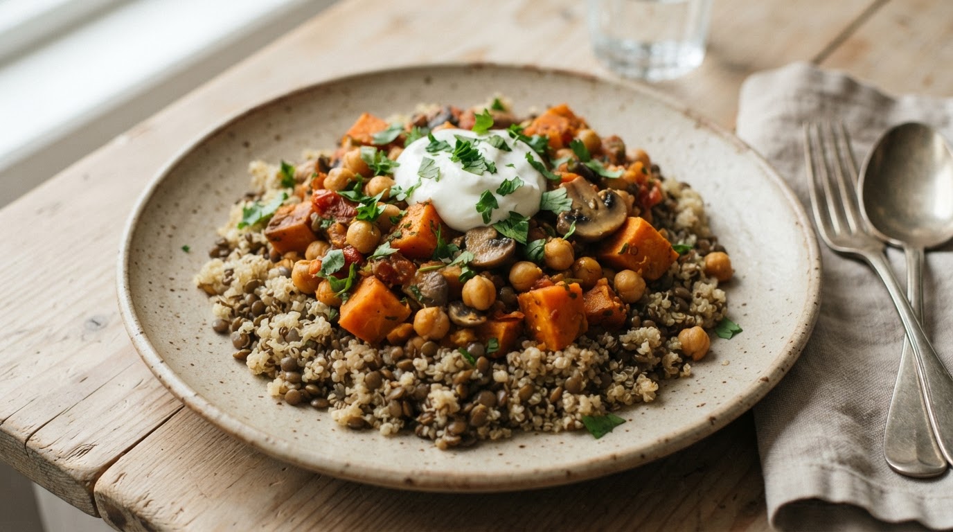 Søtpotet- og kikertergryte med sopp og quinoa – illustrasjonsbilde